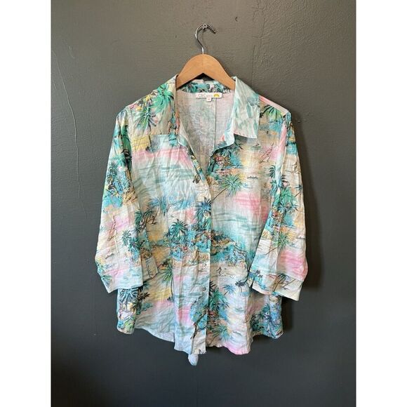 C & C California Womens Multicolor Long Sleeve Beach Graphic Linen Shirt Size 1X - Picture 1 of 3